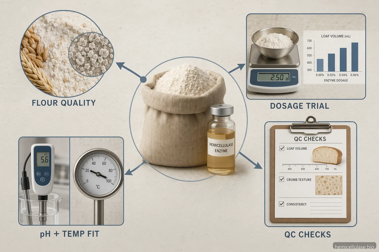 hemicellulase buy bulk baking performance infographic showing dosage, proofing fit, flour quality, and QC checks