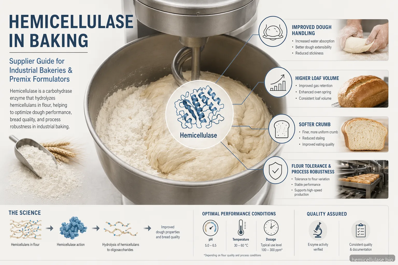 hemicellulase enzyme in baking supplier guide showing dough handling, loaf volume, crumb softness, and QC checks