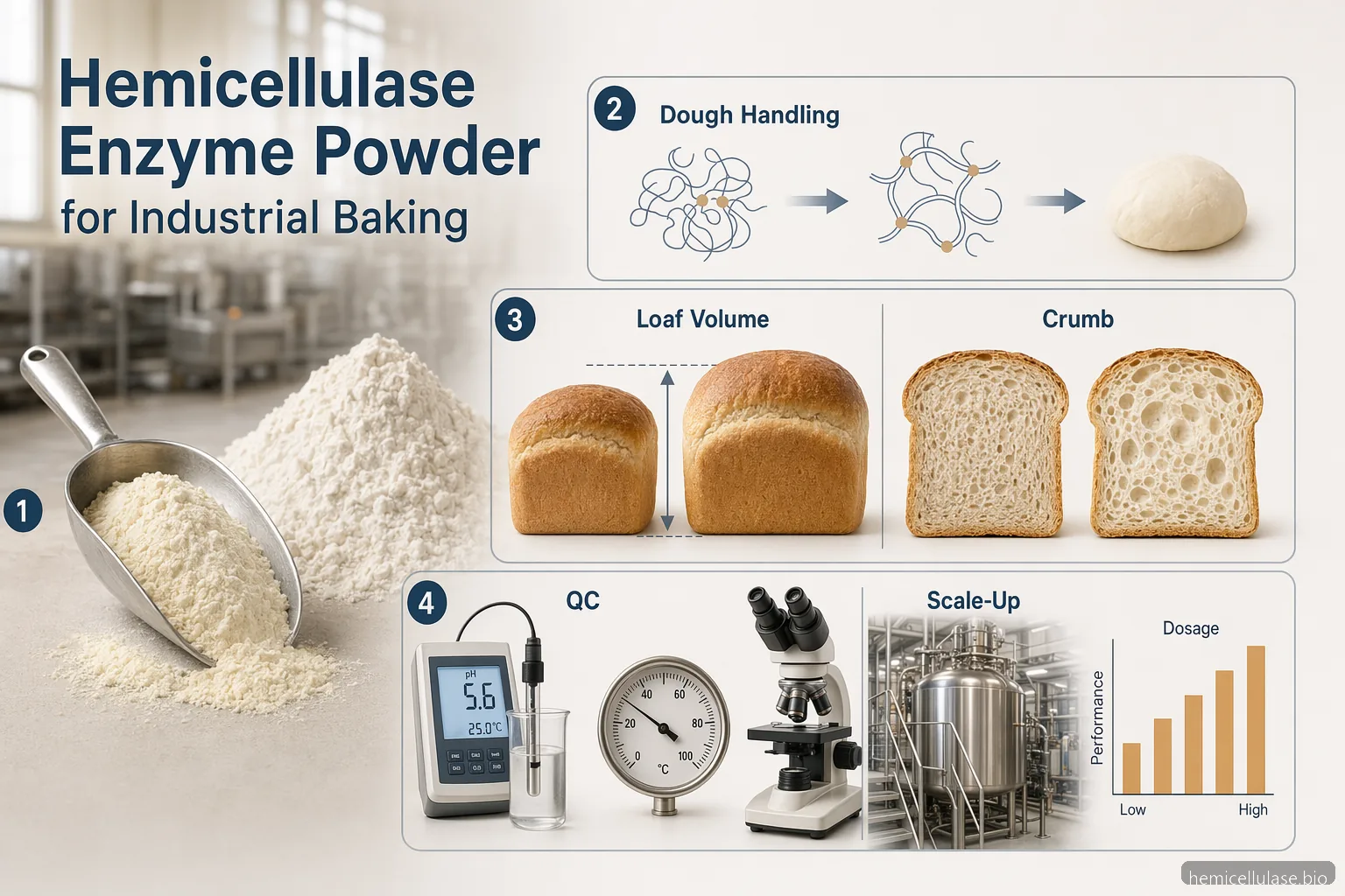 hemicellulase enzyme powder for industrial baking infographic showing dough handling, loaf volume, QC, and scale-up