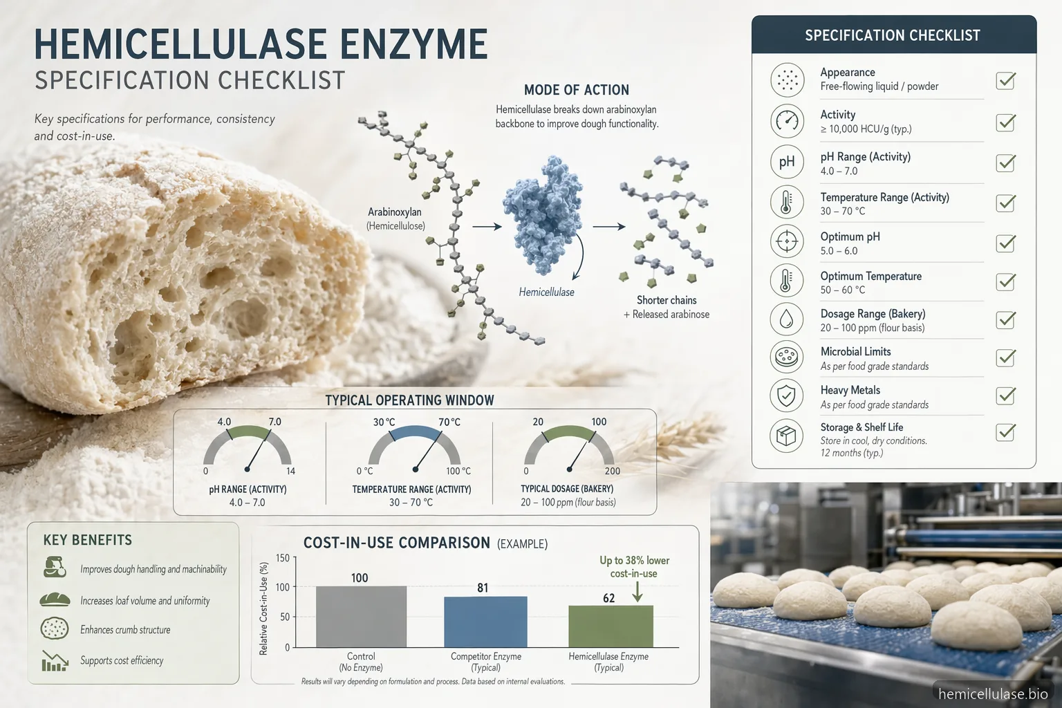 hemicellulase for baking specification checklist with dough, enzyme action, process gauges, validation and cost icons