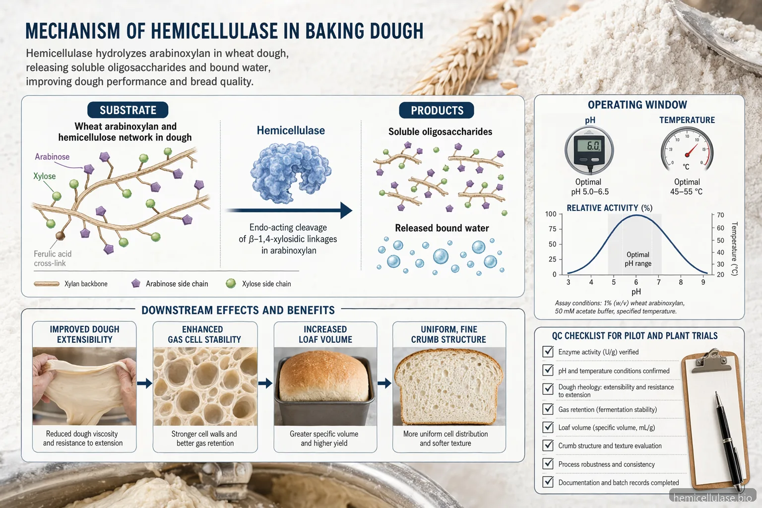hemicellulase in baking mechanism diagram showing arabinoxylan breakdown, water release, and optimized dough performance