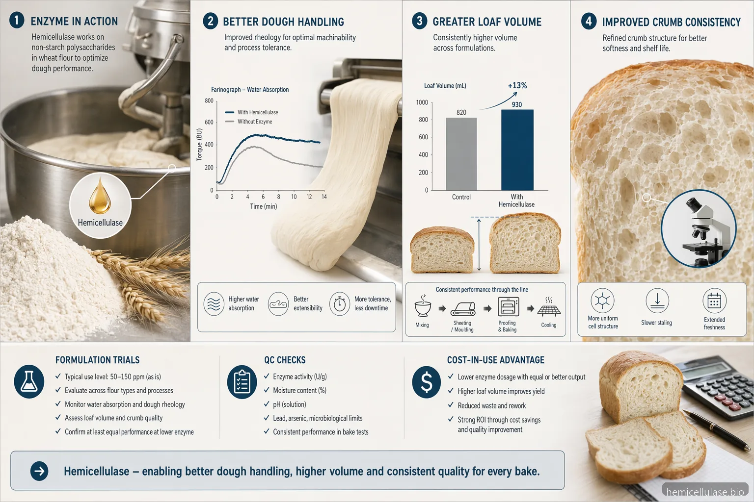 hemicellulase in baking formulation guide showing dough handling, loaf volume, crumb consistency, and trial controls