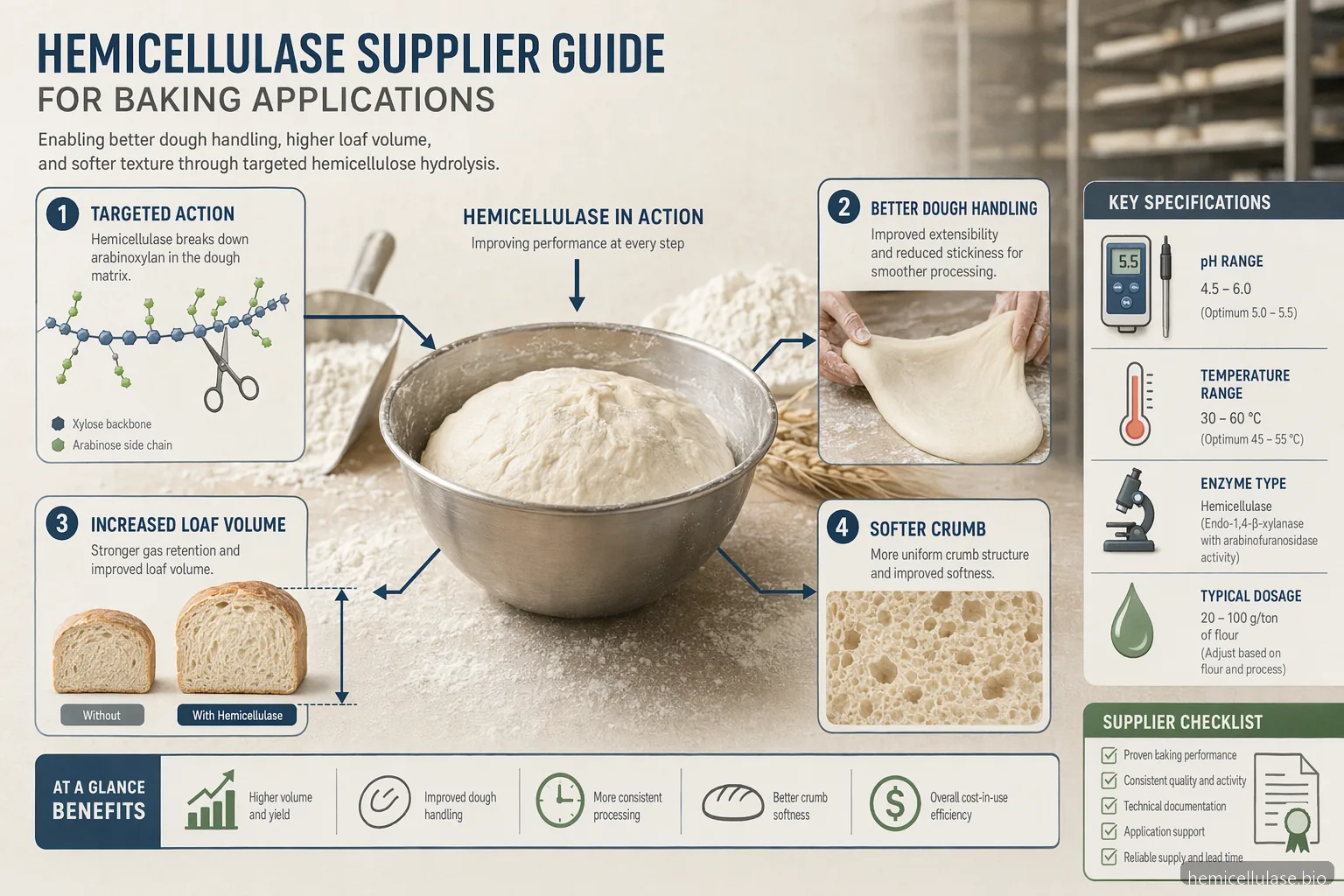 hemicellulase supplier guide for baking applications infographic showing dough handling, loaf volume, and crumb softness