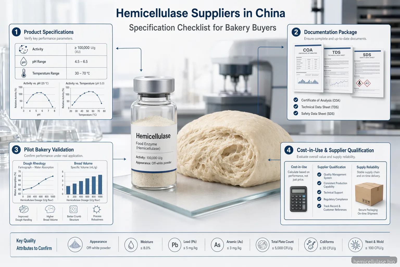 hemicellulase suppliers china specification checklist showing specs, documents, pilot tests, and cost-in-use